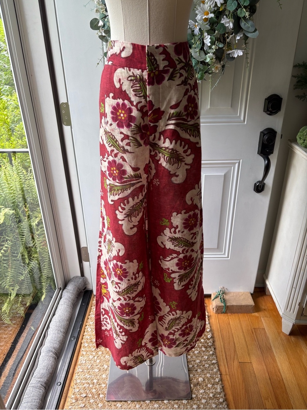 Zara 100% Linen Red Floral Wide-Leg Linen-Blend Pants